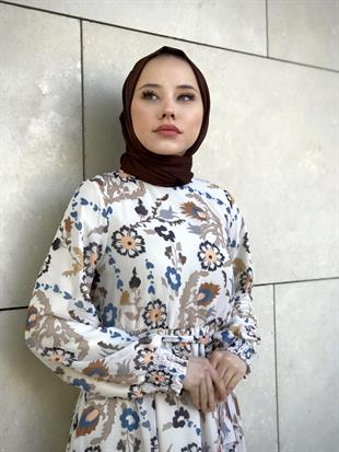 Kilim Desen Balon Kol Şifon Elbise Kahverengi