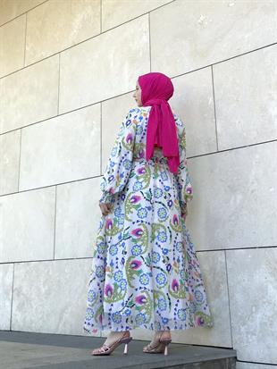Kilim Desen Balon Kol Şifon Elbise Mavi