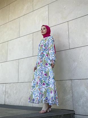 Kilim Desen Balon Kol Şifon Elbise Mavi