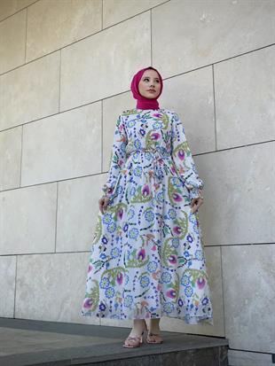 Kilim Desen Balon Kol Şifon Elbise Mavi