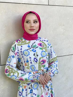 Kilim Desen Balon Kol Şifon Elbise Mavi