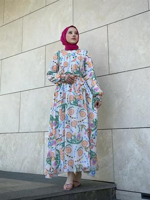 Kilim Desen Balon Kol Şifon Elbise Turuncu