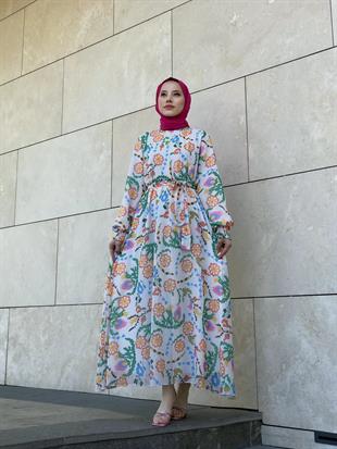 Kilim Desen Balon Kol Şifon Elbise Turuncu