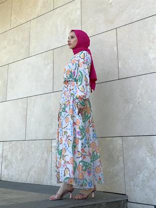 Kilim Desen Balon Kol Şifon Elbise Turuncu