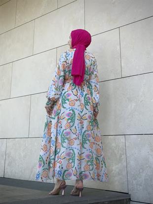 Kilim Desen Balon Kol Şifon Elbise Turuncu
