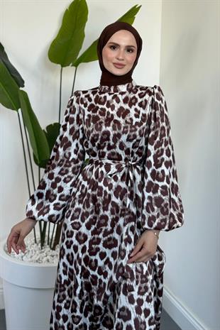 Kimberly Leopar Desen Saten Elbise Kahverengi