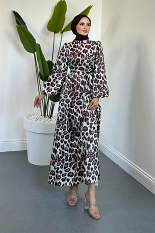 Kimberly Leopar Desen Saten Elbise Kahverengi