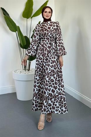 Kimberly Leopar Desen Saten Elbise Kahverengi