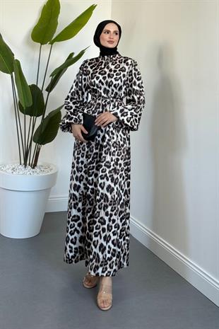 Kimberly Leopar Desen Saten Elbise Siyah