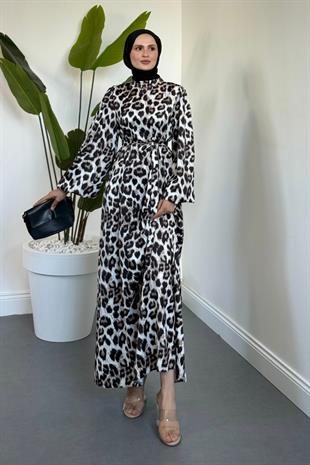 Kimberly Leopar Desen Saten Elbise Siyah