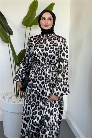 Kimberly Leopar Desen Saten Elbise Siyah