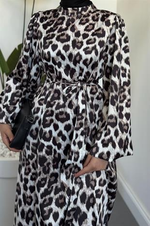 Kimberly Leopar Desen Saten Elbise Siyah