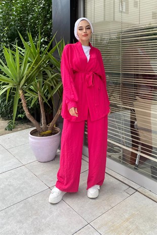 Kimonalı Kuşaklı Takım Pembe