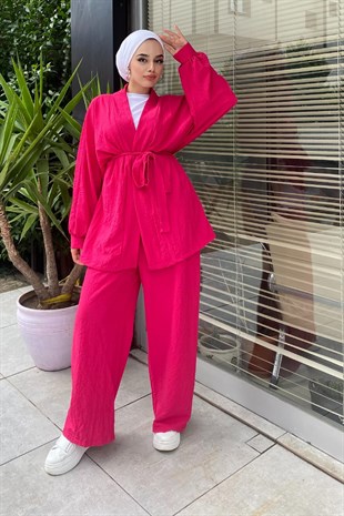 Kimonalı Kuşaklı Takım Pembe