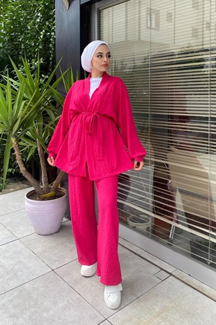 Kimonalı Kuşaklı Takım Pembe