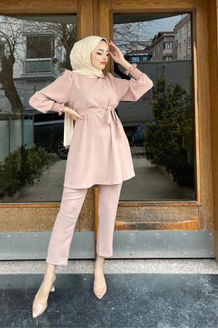 Kolları Büzgülü Krep Takım Camel