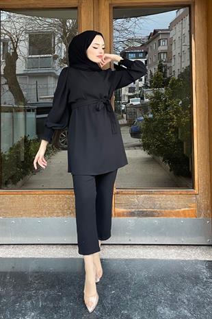 Kolları Büzgülü Krep Takım Siyah