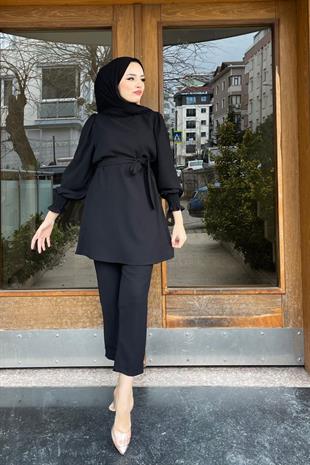 Kolları Büzgülü Krep Takım Siyah