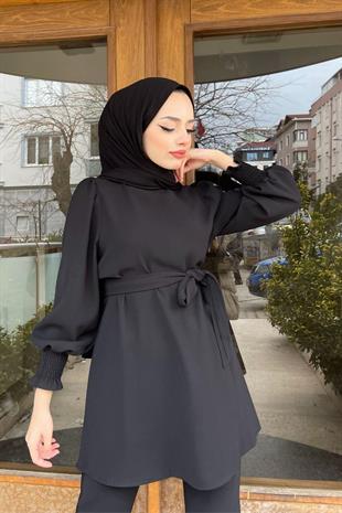 Kolları Büzgülü Krep Takım Siyah