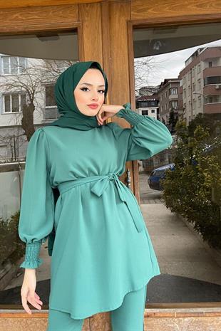 Kolları Büzgülü Krep Takım Yeşil
