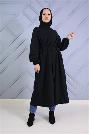 Kolları Büzgülü Kuşaklı Kase Kaban Siyah