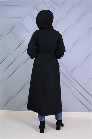 Kolları Büzgülü Kuşaklı Kase Kaban Siyah