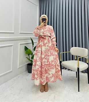 Kolları Büzgülü Yarım Düğmeli Etnik Desen Elbise Kırmızı