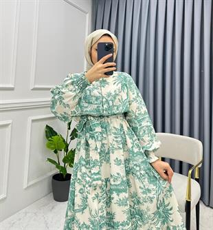 Kolları Büzgülü Yarım Düğmeli Etnik Desen Elbise Yeşil