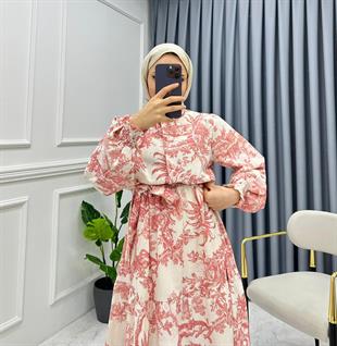 Kolları Büzgülü Yarım Düğmeli Etnik Desen Elbise Kırmızı