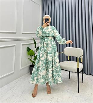 Kolları Büzgülü Yarım Düğmeli Etnik Desen Elbise Yeşil