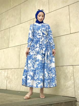 Kolları Büzgülü Yarım Düğmeli Etnik Desen Elbise Mavi