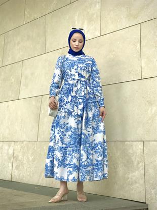 Kolları Büzgülü Yarım Düğmeli Etnik Desen Elbise Mavi