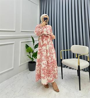 Kolları Büzgülü Yarım Düğmeli Etnik Desen Elbise Kırmızı