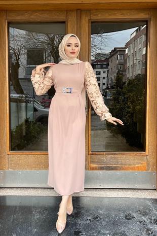 Kolları Dantelli Krep Elbise Camel