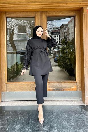 Kolları Dantelli Pantolonlu Takım SİYAH