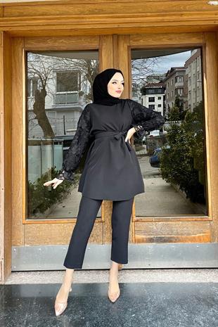 Kolları Dantelli Pantolonlu Takım SİYAH