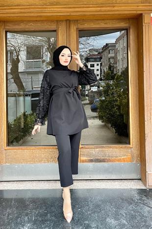Kolları Dantelli Pantolonlu Takım SİYAH