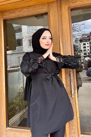 Kolları Dantelli Pantolonlu Takım SİYAH