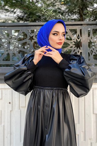 Kolları Deri Triko Elbise Siyah