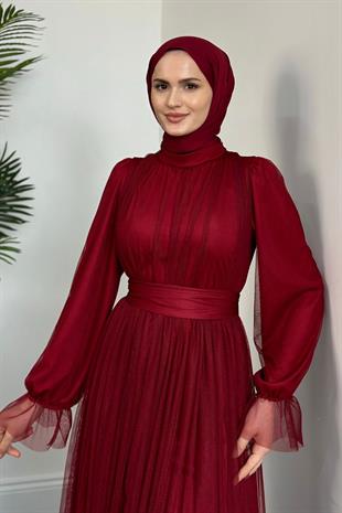 Kolları Fırfır Detay Drapeli Abiye Bordo