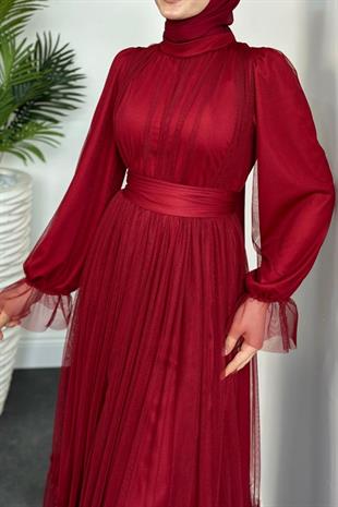 Kolları Fırfır Detay Drapeli Abiye Bordo