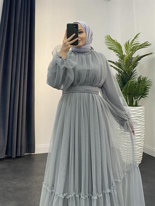 Kolları Fırfır Detay Drapeli Abiye Gri