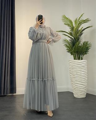 Kolları Fırfır Detay Drapeli Abiye Gri