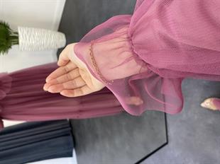 Kolları Fırfır Detay Drapeli Abiye Gül Kurusu