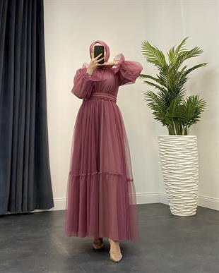 Kolları Fırfır Detay Drapeli Abiye Gül Kurusu