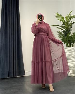 Kolları Fırfır Detay Drapeli Abiye Gül Kurusu