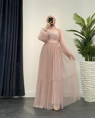 Kolları Fırfır Detay Drapeli Abiye Pudra