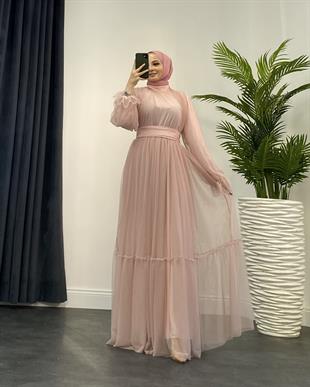 Kolları Fırfır Detay Drapeli Abiye Pudra