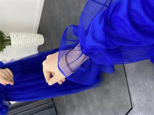 Kolları Fırfır Detay Drapeli Abiye Saks