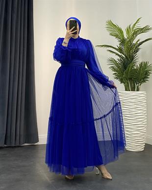 Kolları Fırfır Detay Drapeli Abiye Saks